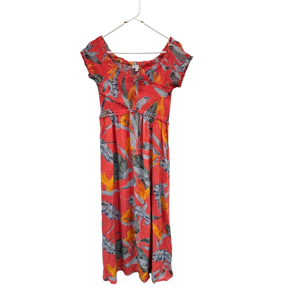 Patrons of Peace Tropical Smocked Midi Dress Coral Floral Boho J1520F03 Mens M
